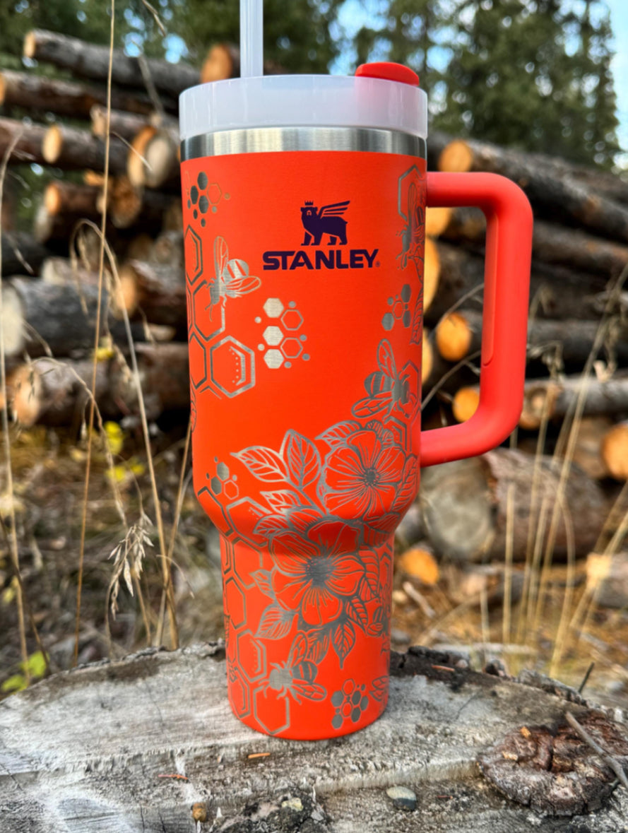 Stanley 40oz Tumbler,  Engraved Bees, Honeycomb and Flowers.