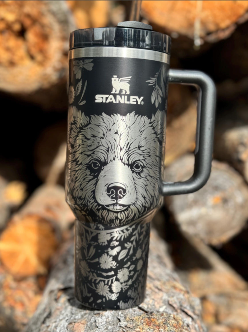 Stanley 40oz Tumbler,  Engraved Bear and Flowers.