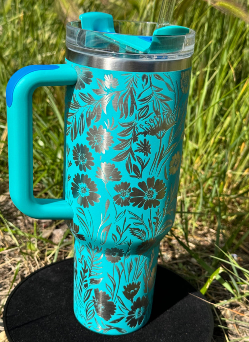 Stanley 40oz Tumbler,  Engraved Bear and Flowers.
