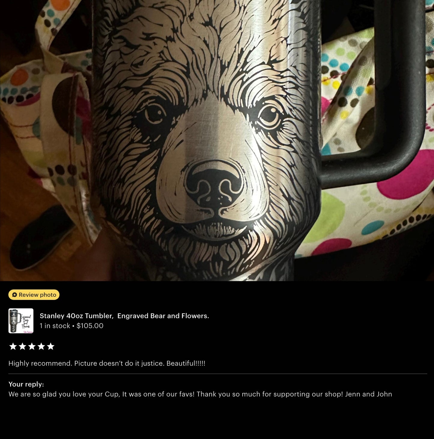 Stanley 40oz Tumbler,  Engraved Bear and Flowers.