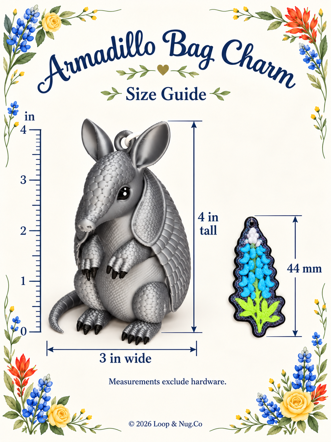 Armadillo Bag Charm with Bluebonnet Charm
