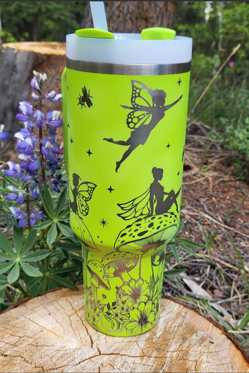 Stanley Engraved Fairies and Mushrooms 40 oz Tumbler.