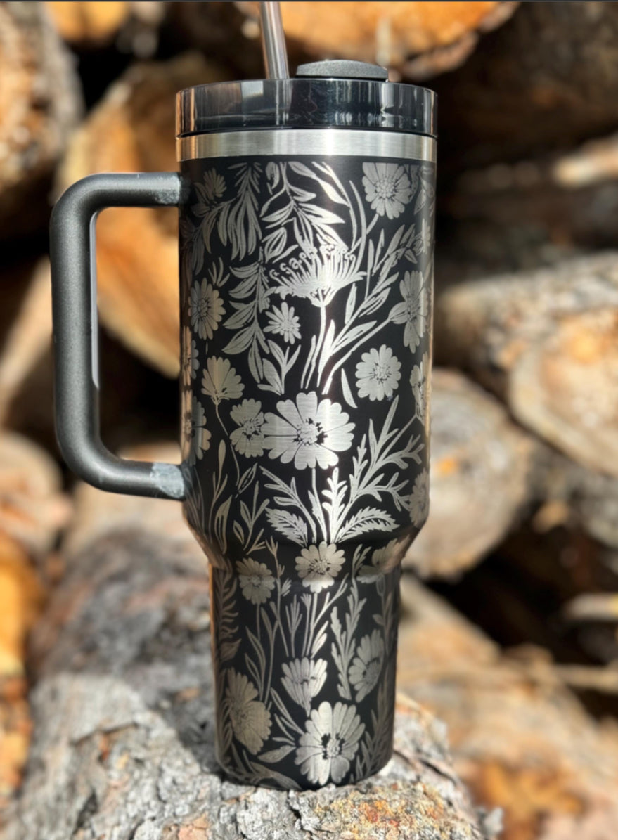 Stanley 40oz Tumbler,  Engraved Bear and Flowers.