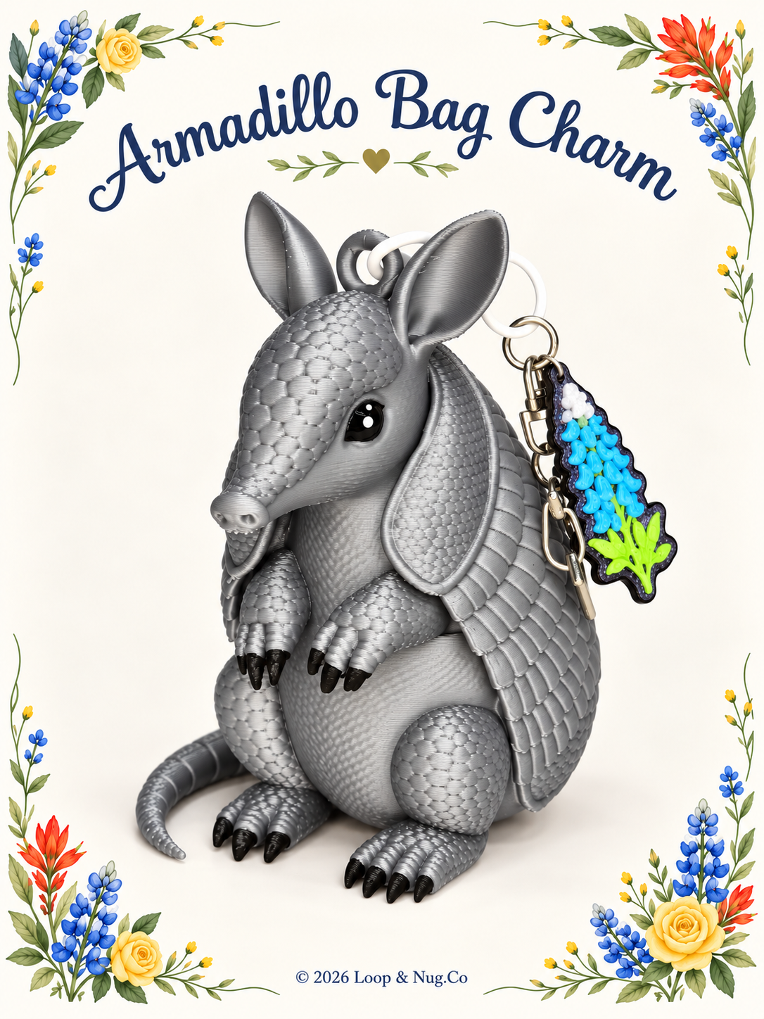 Armadillo Bag Charm with Bluebonnet Charm