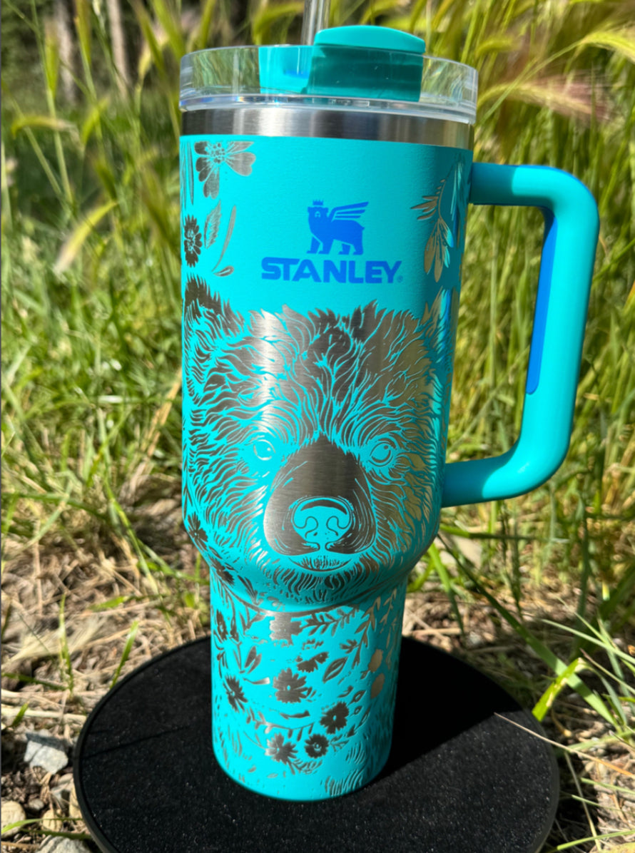 Stanley 40oz Tumbler,  Engraved Bear and Flowers.