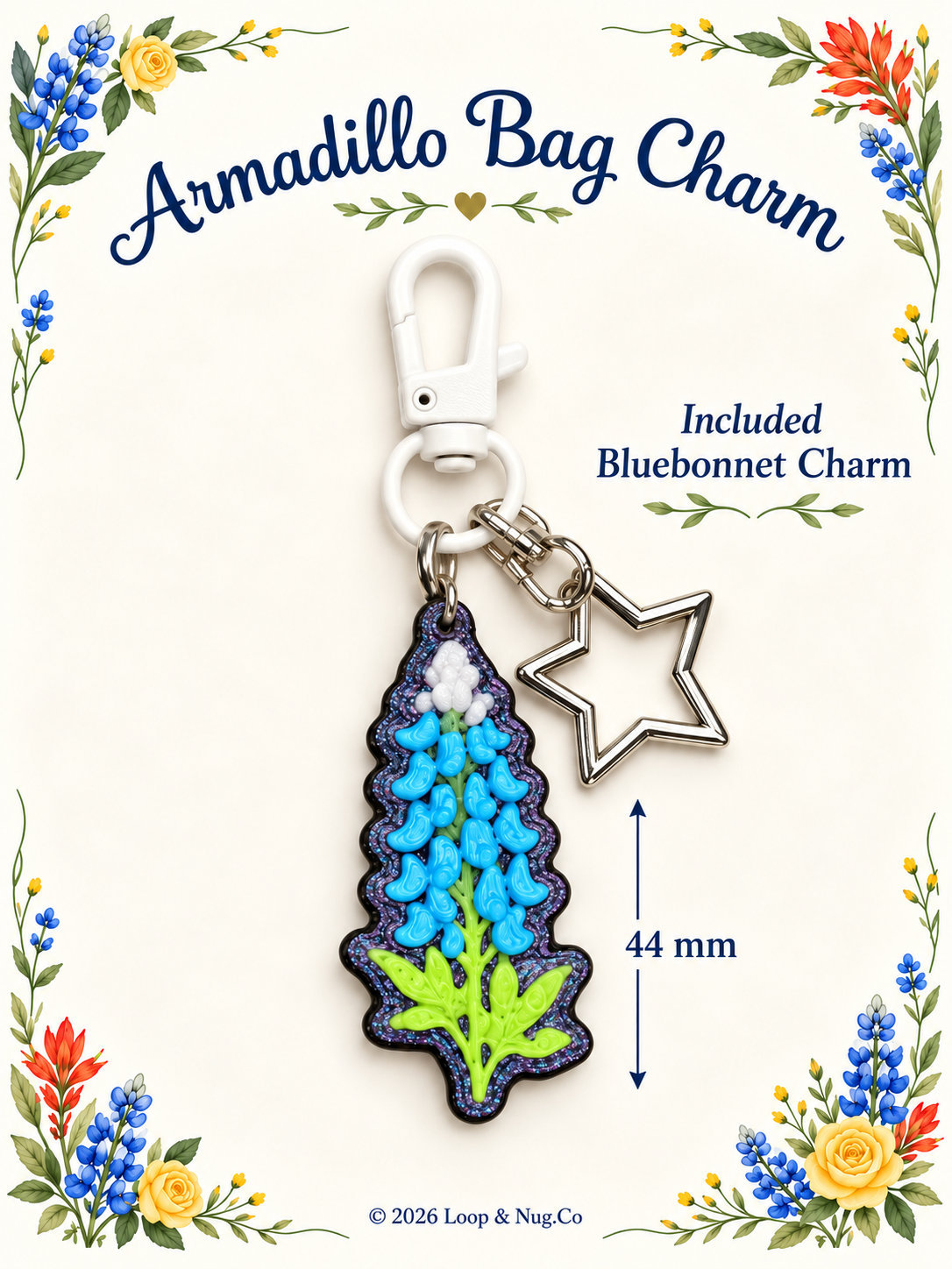 Armadillo Bag Charm with Bluebonnet Charm