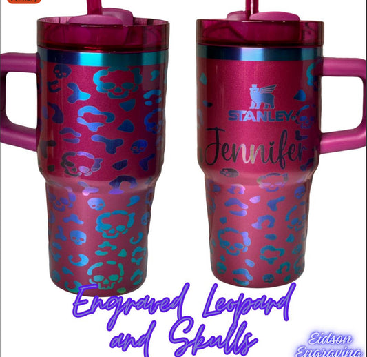 Stanley  20 oz Tumbler Berry Truffle/Chroma. Leopard and skulls with Name.