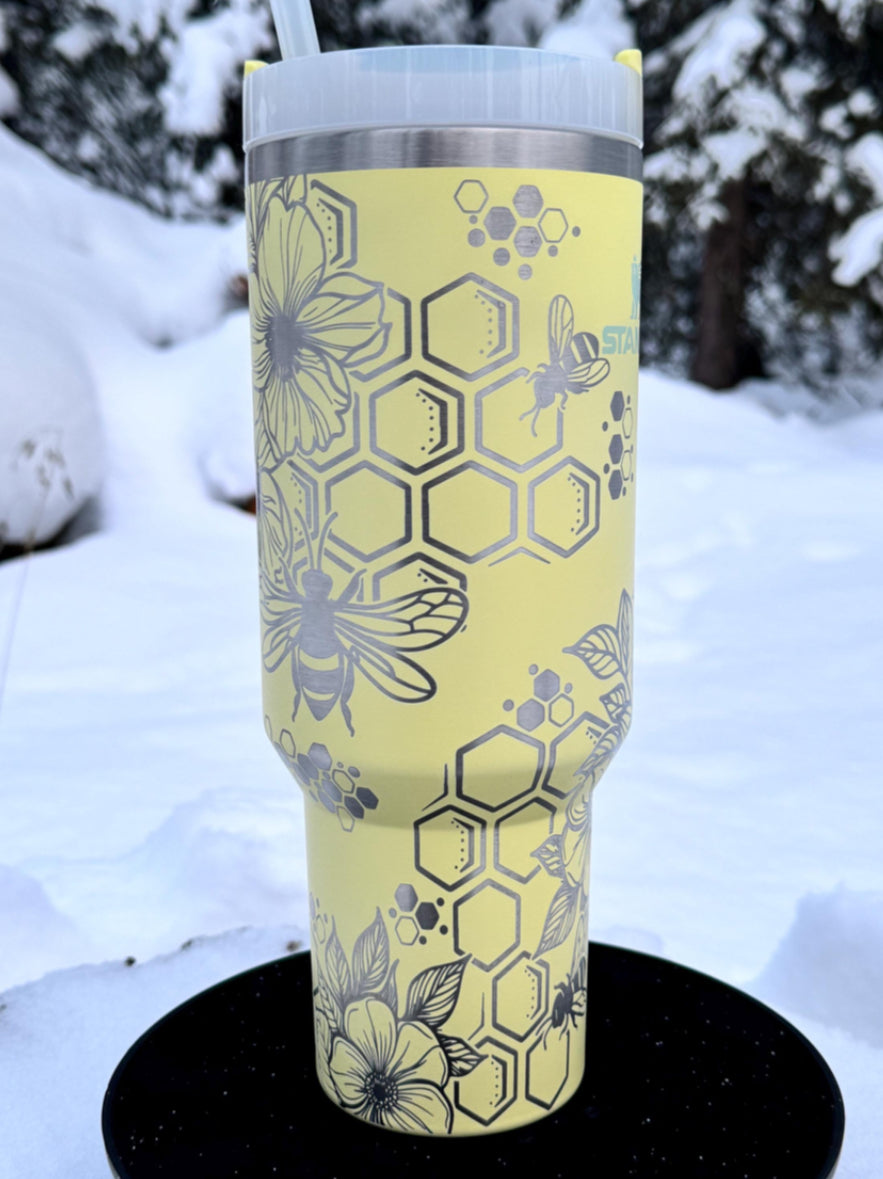 Stanley 40oz Tumbler,  Engraved Bees, Honeycomb and Flowers.