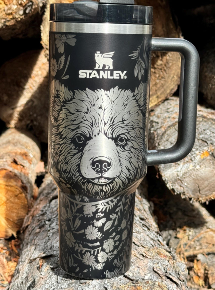 Stanley 40oz Tumbler,  Engraved Bear and Flowers.