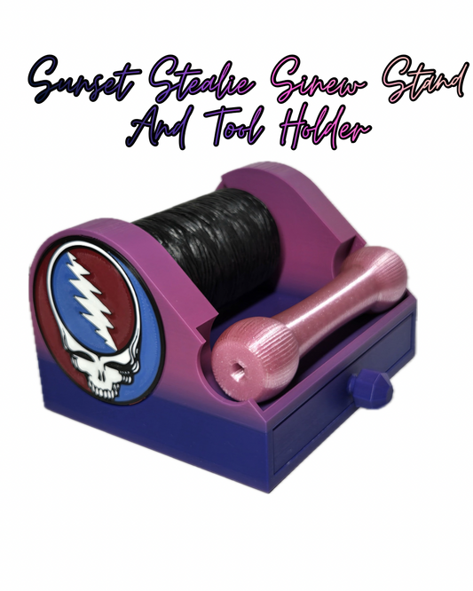 Sunset Stealie Sinew Stand with tool storage.