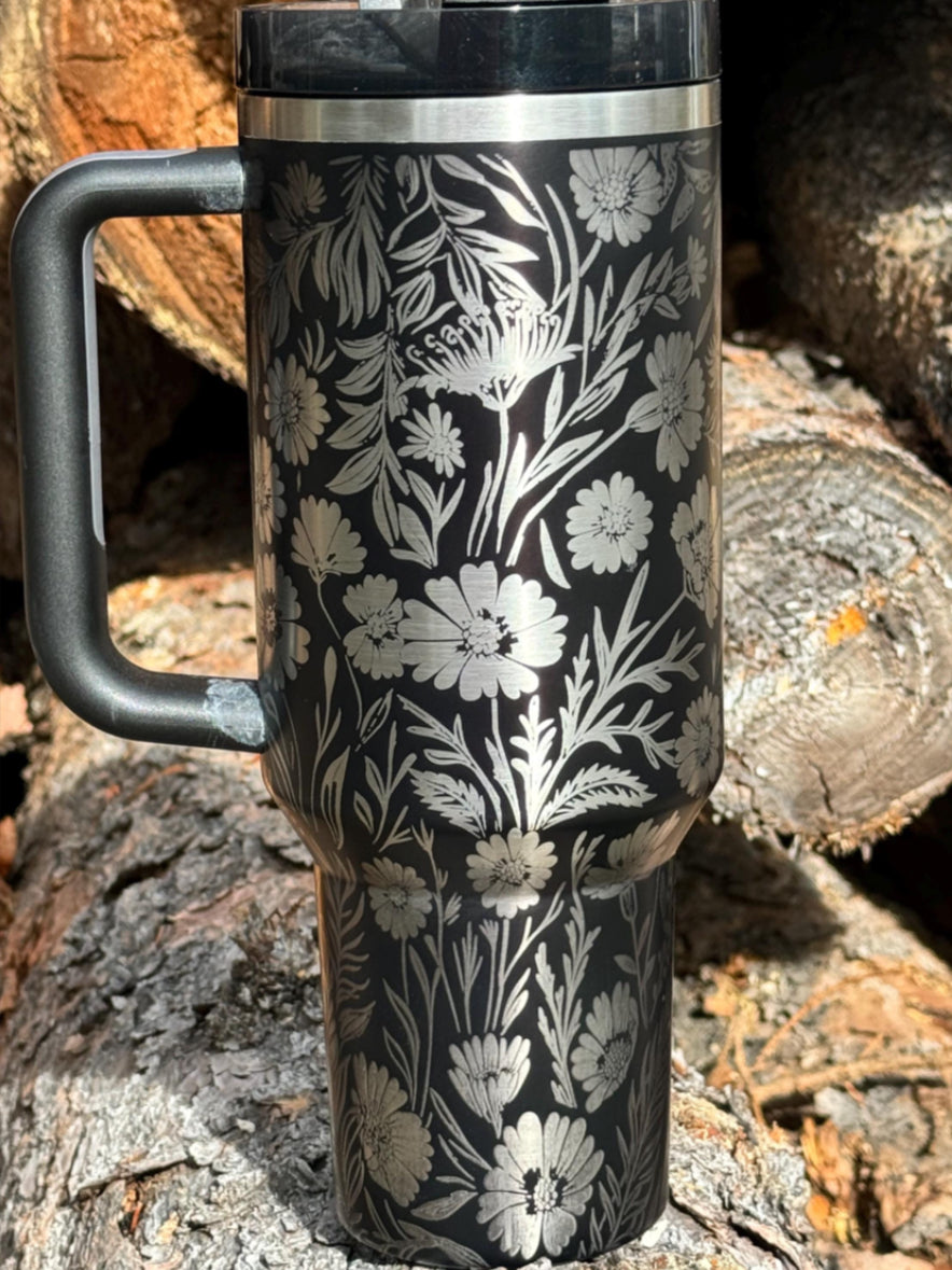 Stanley 40oz Tumbler,  Engraved Bear and Flowers.