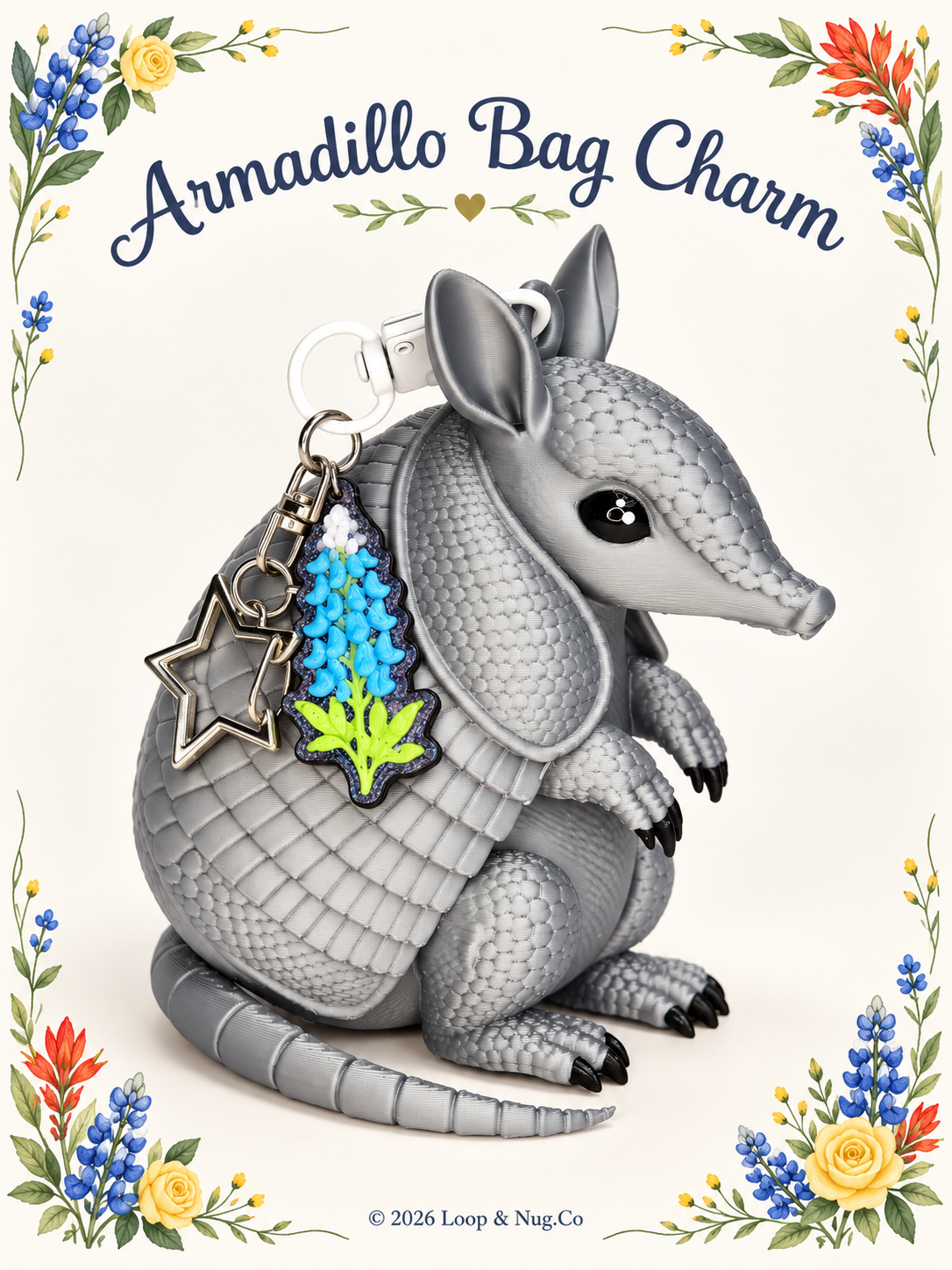 Armadillo Bag Charm with Bluebonnet Charm