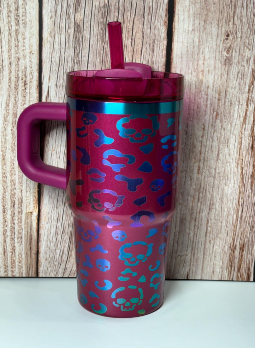 Stanley  20 oz Tumbler Berry Truffle/Chroma. Leopard and skulls with Name.