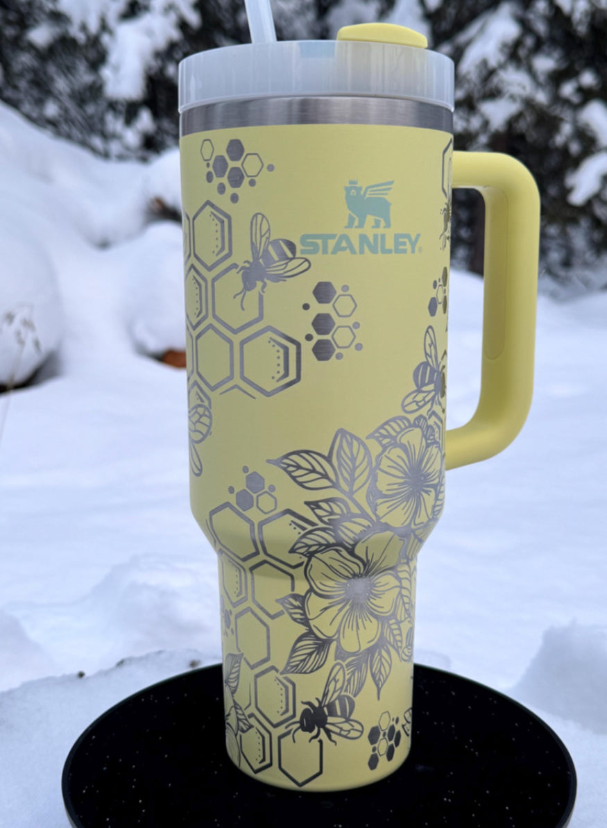 Stanley 40oz Tumbler,  Engraved Bees, Honeycomb and Flowers.