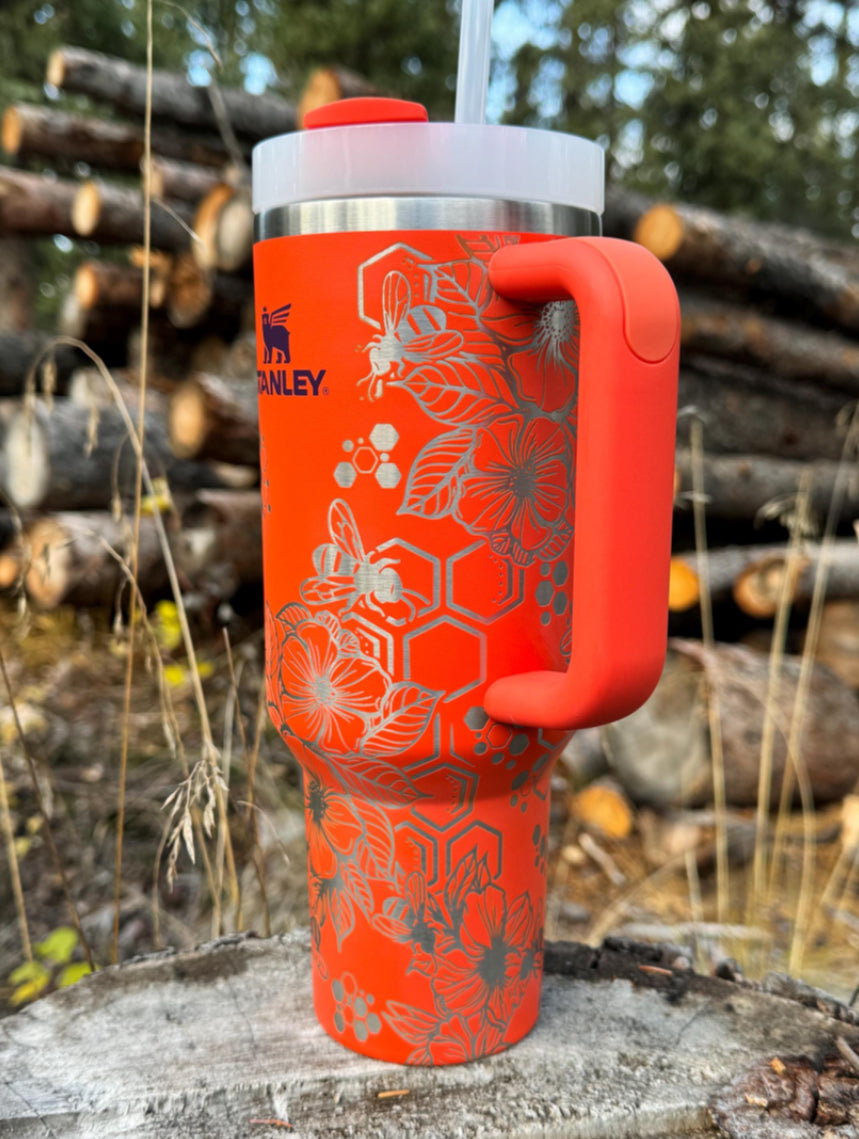 Stanley 40oz Tumbler,  Engraved Bees, Honeycomb and Flowers.